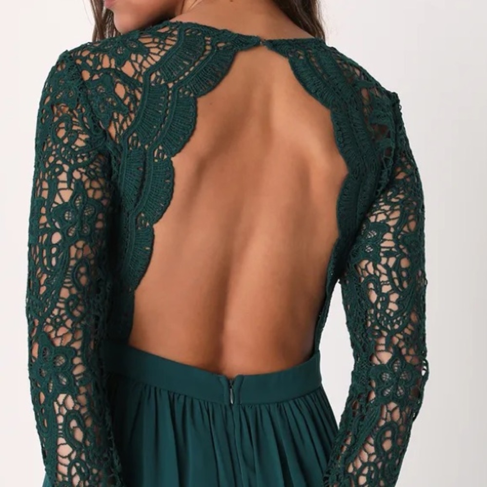 Lulu's Awaken My Love Forest Green Long Sleeve Lace Maxi Dress Size MED NWT - Picture 2 of 8